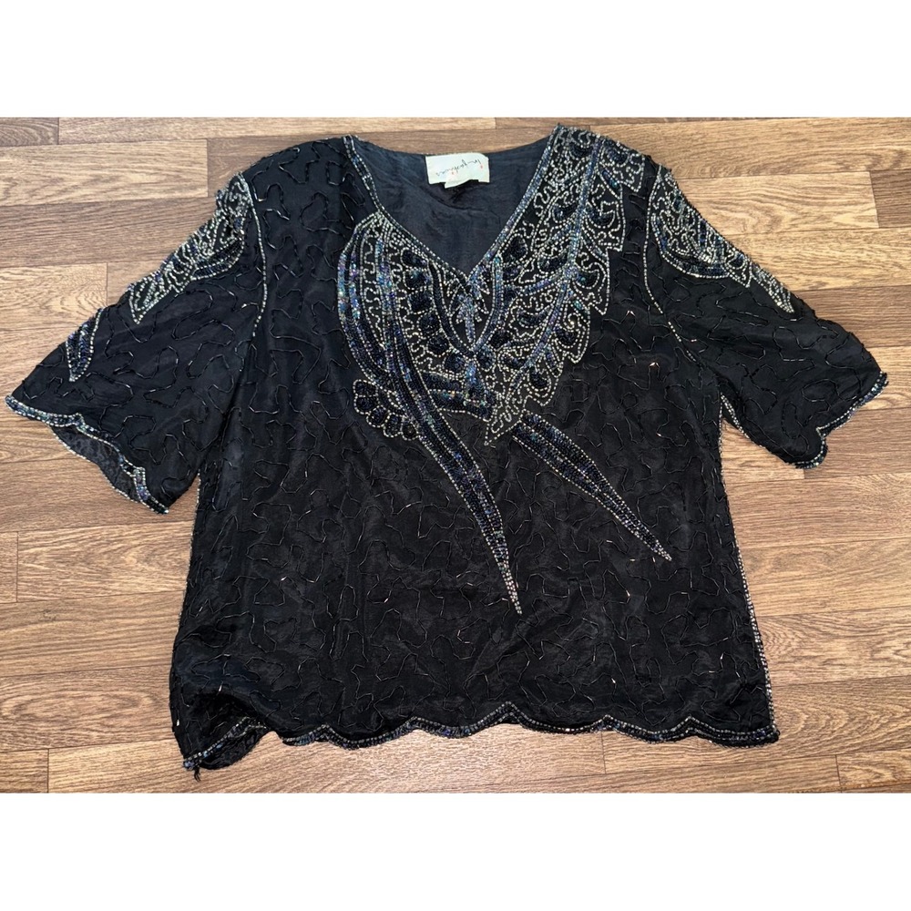 In-Fashion Beaded Sequin Top Party Cocktail Blouse Embellished Black L
